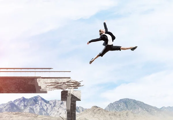Business woman jumping over huge gap in concrete bridge as symbol of overcoming challenges. Skyscape and nature view on background. 3D rendering.
