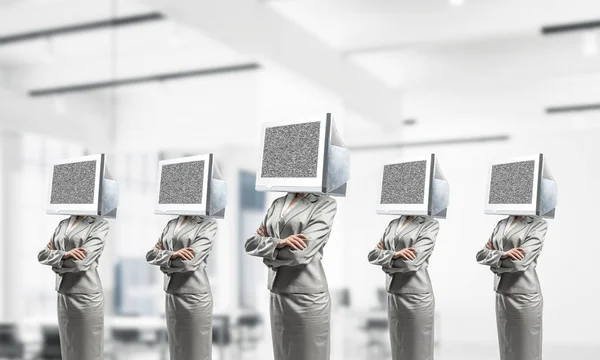 Business Women Suits Monitors Instead Heads Keeping Arms Crossed While — Stock Photo, Image
