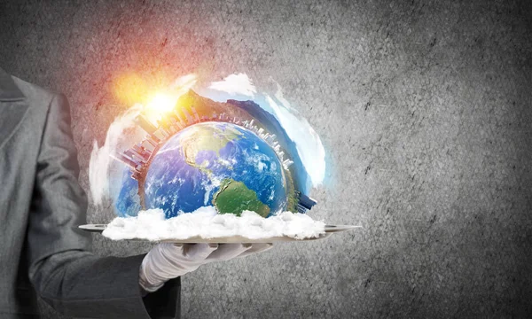 Cropped Image Waitress Hand White Glove Presenting Earth Globe Metal — Stock Photo, Image