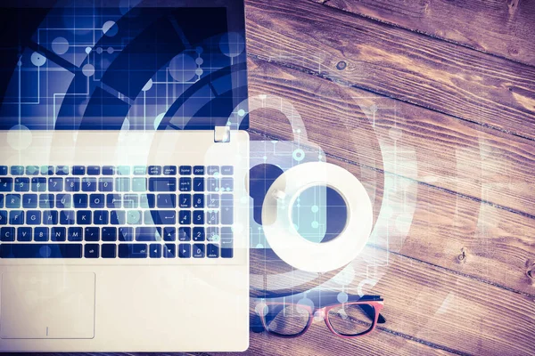 Opened Laptop Other Office Stuff Wooden Table — Stock Photo, Image