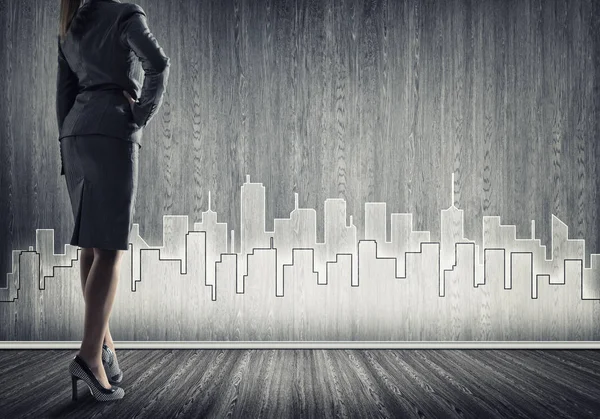 Bottom View Businesswoman Sketches Construction Project Wall — Stock Photo, Image