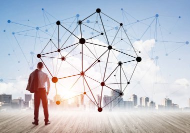 İşadamı arkasını kolluyor ve ağ çizimi kavramına bakıyor