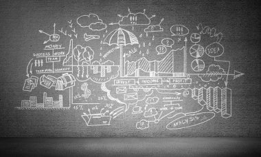 El iş analitik bilgi gri beton duvara çekilmiş.. 