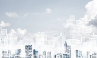 Dijital medya arayüzü ile modern cityscape görünümünün çift pozlama. Duvar kağıdı, zemin ile boşaltmak.