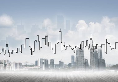 Elle çizilmiş siluet modern şehir manzarasının üzerinde kuleler ve gökdelenlerle