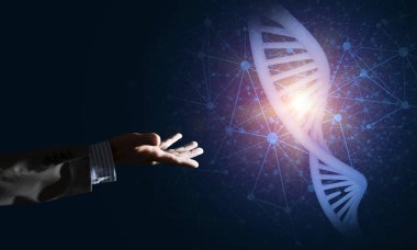 Dna molekülü araştırma kavram olarak sunulması iş adamı el kapatın. Karışık teknik