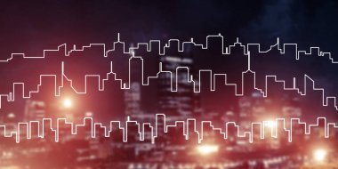 Parlayan ışıklar ve onun çizilmiş silueti ile Modern gece city scape