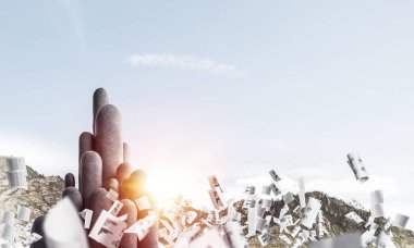 Açık havada güzel manzara ile kağıtları arka plan üzerinde uçan arasında yer alan yüksek ve büyük taş sütunlar görüntüsü. Duvar kağıdı, zemin ile boşaltmak.