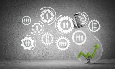 Gri duvar üzerinde kabataslak sosyal dişli yapısına karşı ampul yeşil grafik içinde büyüyen ile yerleştirilir. 3D render.