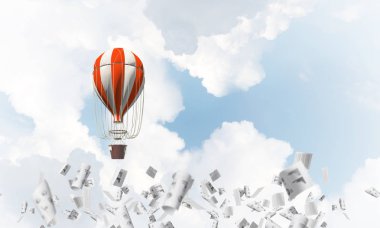 Renkli aerostat kağıt belgeler arasında ve mavi bulutlu gökyüzü üzerinde uçan. 3D render.