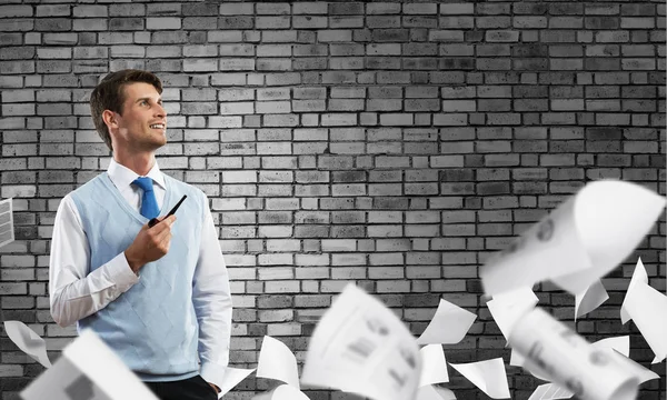 Horizontal Shot Confident Young Businessman Smart Casual Wear Smoking Pipe — Stock Photo, Image