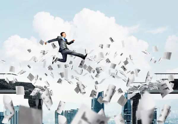 Businessman Jumping Gap Flying Paper Documents Concrete Bridge Symbol Overcoming — Stock Photo, Image