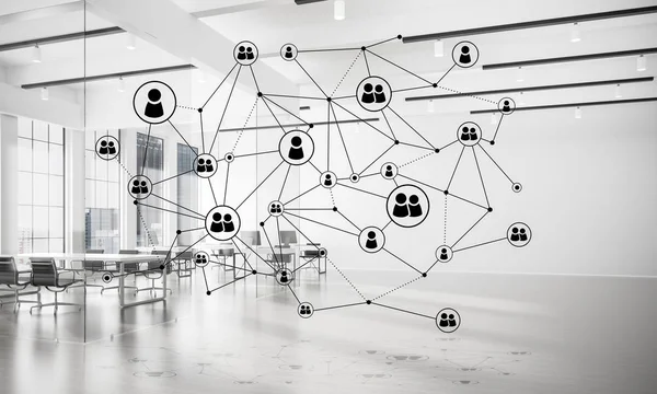 在办公室内部 与点相连的线作为社会交流的概念 3D渲染 — 图库照片