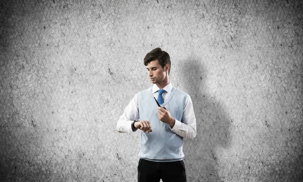 Horizontal Shot Confident Young Businessman Smart Casual Wear Smoking Pipe — Stock Photo, Image