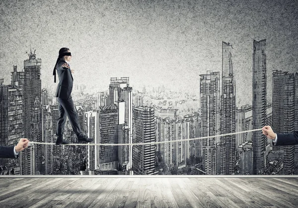 Businessman Blindfolder Eyes Walking Rope — Stock Photo, Image