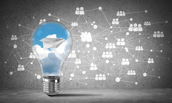 Lightbulb Flying Paper Plane Clouds Placed Sketched Social Network System — Stock Photo, Image