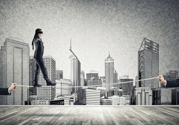 Businessman Blindfolder Eyes Walking Rope — Stock Photo, Image