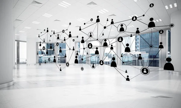 Linie Połączone Kropkami Jako Koncepcja Komunikacji Społecznej Wnętrzu Biura Renderowanie — Zdjęcie stockowe