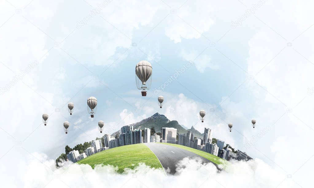 Green flying island with urban view of towers and skyscrapers. Flying aerostates and blue cloudy skyscape on background. 3D rendering.