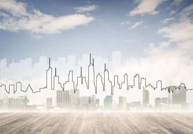 Elle çizilmiş siluet modern şehir manzarasının üzerinde kuleler ve gökdelenlerle