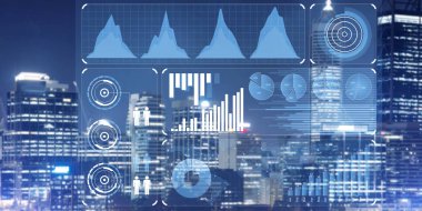 Gece parlayan şehre karşı sanal arayüzü olan arkaplan kavramsal görüntüsü