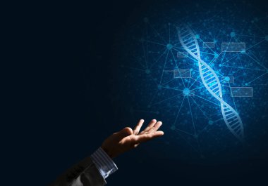 Dna molekülü araştırma kavram olarak sunulması iş adamı el kapatın. Karışık teknik