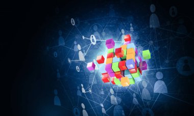 Küp şekli ve sosyal bağlantı çizgileri olan kavramsal arkaplan resmi. 3d oluşturma