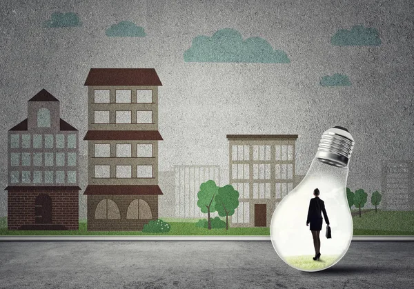 Businesswoman Light Bulb City Drawn Concept — Stock Photo, Image