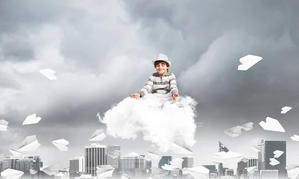 Young Little Boy Keeping Eyes Closed Looking Concentrated While Meditating — Stock Photo, Image