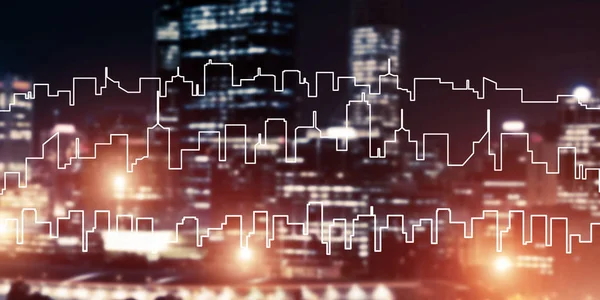 Современный Ночной Городской Пейзаж Светящийся Огнями Нарисованным Силуэтом — стоковое фото