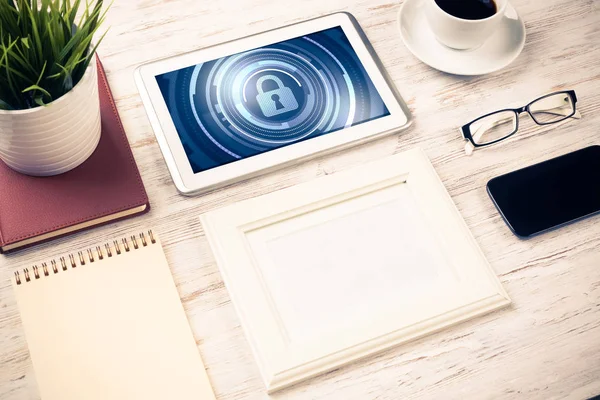 Negócio Local Trabalho Com Material Escritório Tablet Com Ícones Cadeado — Fotografia de Stock