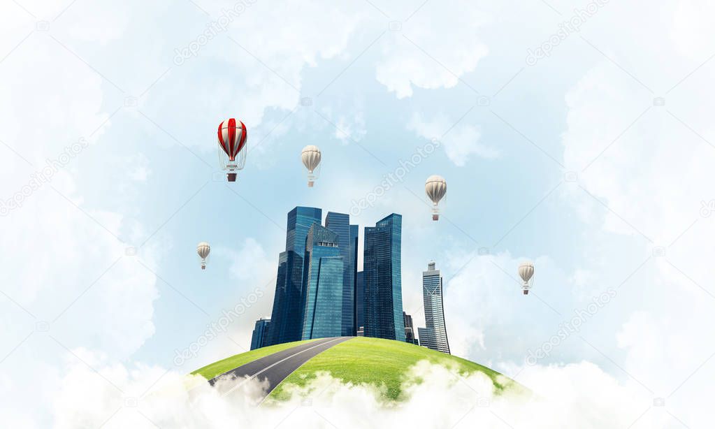 Green flying island among clouds with urban view of towers and skyscrapers. Flying aerostates and blue cloudy skyscape on background. 3D rendering.