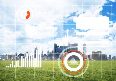 Ekranda medya simgelerine ve arka planda iş şehrine sahip modern teknolojiler kavramı