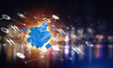 Küp şekli ve sosyal bağlantı çizgileri olan kavramsal arkaplan resmi. 3d oluşturma