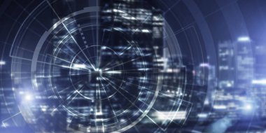 Gece parlayan şehre karşı sanal arayüzü olan arkaplan kavramsal görüntüsü