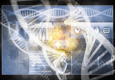 Medya tıp arka plan görüntüsü olarak Dna araştırma kavramı. 3D render.