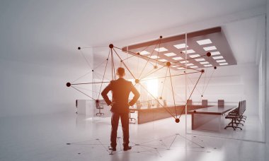 Modern ofis içi ve sosyal bağlantı kavramındaki zarif iş adamı. Karışık ortam