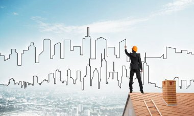 Mühendis, evinin çatısına geri döndü ve şehri çiziyor. Karışık ortam