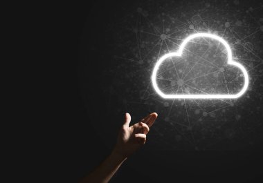 Karanlık arkaplanda kablosuz bağlantının sembolü olarak dijital bulut simgesi