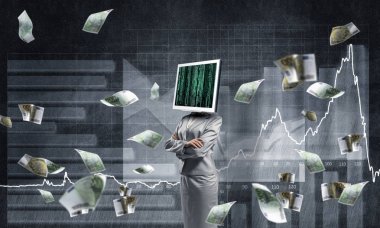Uçan euro banknot ve analitik grafikler duvar arka plan üzerinde çizilmiş karşı dururken iş kadını kıyafetli kafa silah tutmak yerine İzleyicisi ile geçti. 3D render.