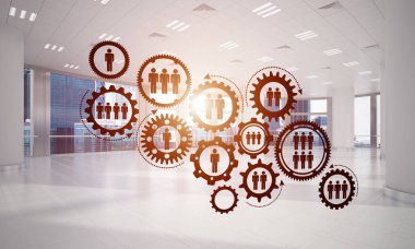 Çarklar ve dişliler mekanizması ofis içinde sosyal iletişim konsepti olarak kullanılıyor. 3B görüntüleme