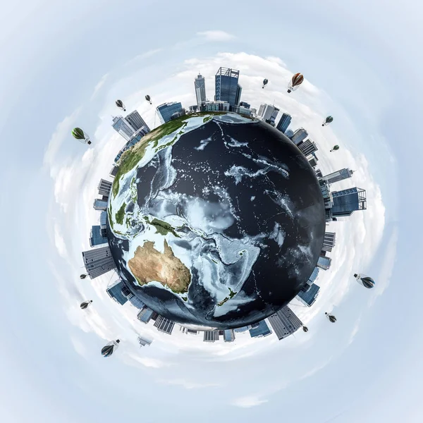 Panoramatický Pohled Earth Zeměkoule Mrakodrapy Jejím Povrchu Ekologie Ochrany Životního — Stock fotografie
