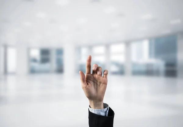 Close Businesswoman Hand Touching Screen Finger Office Background — Stock Photo, Image