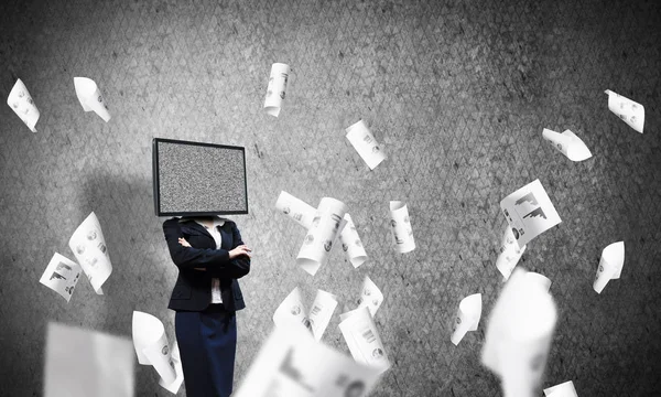 Business Woman Suit Instead Head Keeping Arms Crossed While Standing — Stock Photo, Image