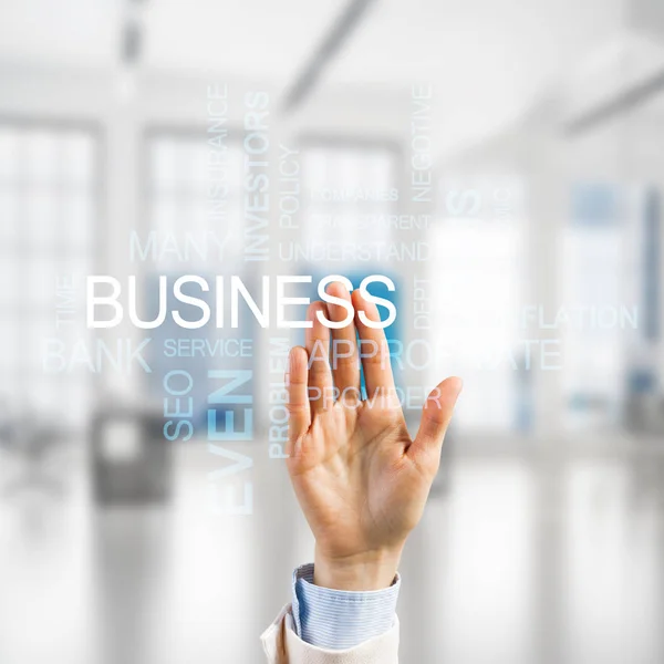 Close Businesswoman Hand Touching Screen Business Conceptual Words — Stock Photo, Image