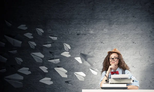 Young Beautiful Woman Writer Hat Eyeglasses Using Typing Machine While — Stock Photo, Image