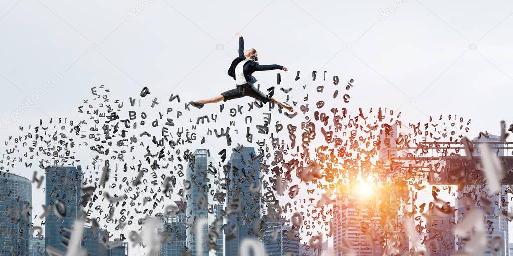 Business woman jumping over gap with flying letters in concrete bridge as symbol of overcoming challenges. Cityscape with sunlight on background. 3D rendering.