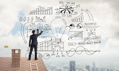 İş başarı planı çizim arka olan genç adam. Karışık teknik