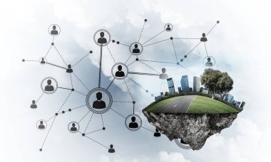 Gökyüzünde yükselen çimen ve şehir manzaralı güzel küçük bir ada.