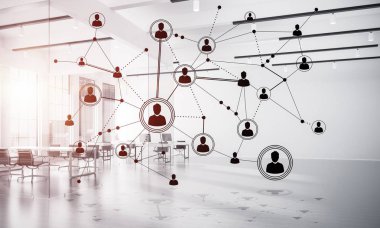 Noktalarla bağlantılı çizgiler ofis içi sosyal iletişim konsepti olarak. 3B görüntüleme